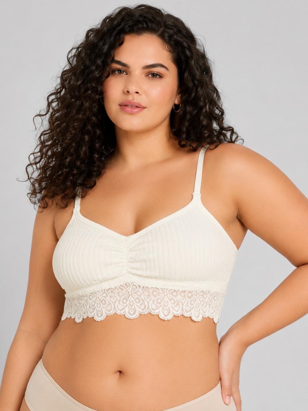 Ribbed Lace Trim Bralette in Ivory - Picture 2 of 7